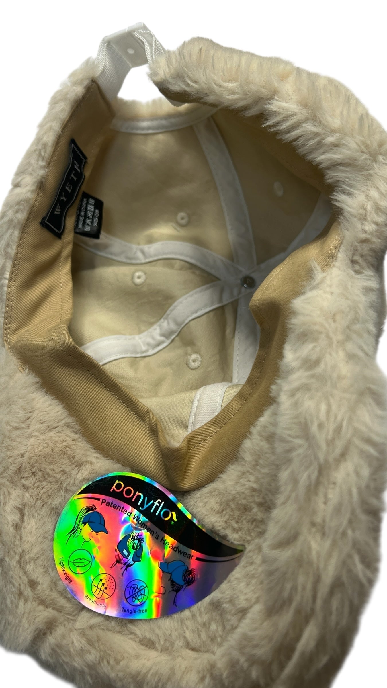 WYETH x Ponyflo Faux Fur Winter Cap – Cream Beige | Tangle-Free Ponytail Hat (OS)